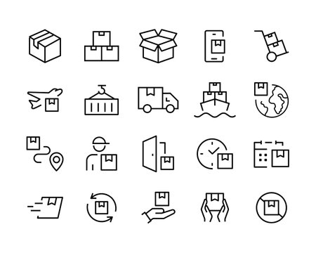Logistics line icon set. Fast Shipping Sea Air, Courier, Warehouse, Containing distribution, transportation, delivery, cargo, freight, route planning, supply chain editable stroke isolated on whiteのイラスト素材