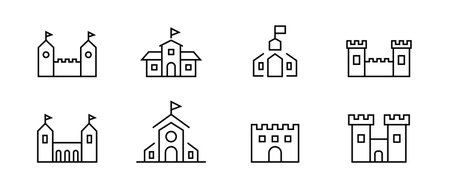 medieval castles icon set Fortress tower, castle tower line icons set, editable stroke isolated on white, linear vector outline illustration, symbol logo design styleのイラスト素材