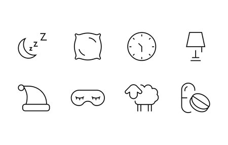Sleep icon set, Pillow, Sleeping Pills Alarm Clock, Insomnia, Pillow, Bell, Glasses for sleep line icons set, editable stroke isolated on white, linear vector outline illustrationのイラスト素材
