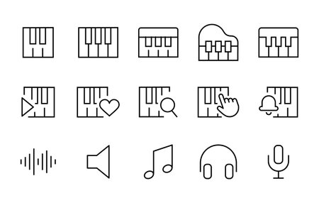 piano icon set. orchestra musical piano instrument music line icons set, editable stroke isolated on white, linear vector outline illustration, symbol logo design styleのイラスト素材