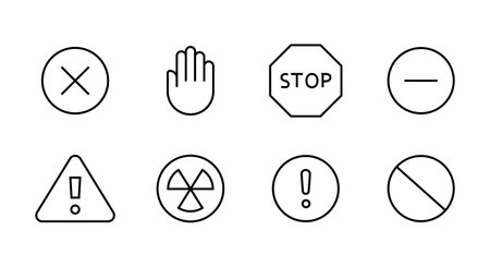 Alert, risk line icon set. Caution, warning, exclamation mark trafic stop information, accident notification Hand gesture Caution warning Hazard danger line icons set, editable stroke isolatedのイラスト素材