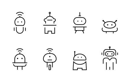 Bots icon. Cute modern robots Virtual online support. Artificial Intelligence AI line icons set, editable stroke isolated on white, linear vector outline illustration, symbol logo design styleのイラスト素材