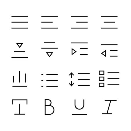 Text edit icon set. bold, normal, italic, font, ubderline, letter, cut, keyboard, language, page, kerning, numder, Editing and formatting line icons set, editable stroke isolated on white, linearのイラスト素材