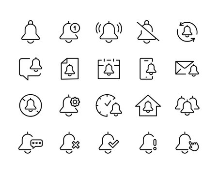 bell icon set Notification. Mute, Notice, Notification Alert notification. Alarm notice sign. Sipmle ring new message or subscription line icons set, editable stroke isolated on white, linear vectorのイラスト素材