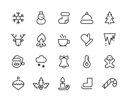 winter line icons set, christmas, snowflake, season, winter sport, cold vacation icons seasonal rest holidays editable stroke isolated on white, linear vector outline illustration, symbol logo designのイラスト素材