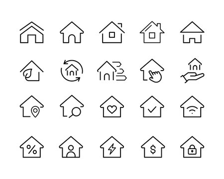 homes thin line icons. smart home, contact and support, House line icons set, editable stroke isolated on white, linear vector outline illustration, symbol logo design styleのイラスト素材