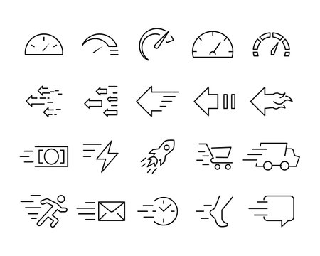 Speed Line Icons. Cheetah Rocket, Race Timer, speed, alarm, recovery, time management, calendar Editable Stroke line icons set, editable stroke isolated on white, linear vector outline illustrationのイラスト素材