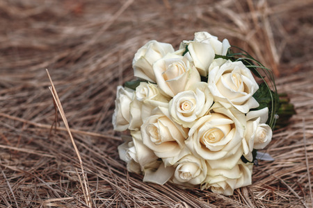 Bridal bouquet of white roses on a faded grassの写真素材