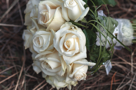 Bridal bouquet of white roses on a faded grassの写真素材