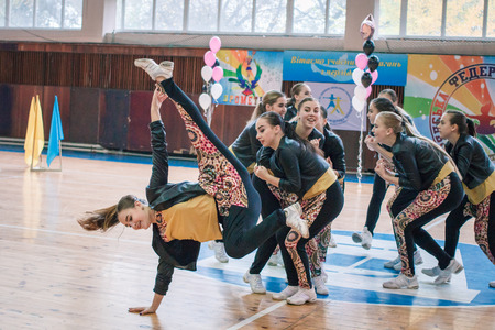 Kamenskoye, Ukraine - November 29, 2017: Championship of the city of Kamenskoye in cheerleading...
