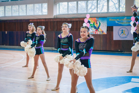Kamenskoye, Ukraine - November 29, 2017: Championship of the city of Kamenskoye in cheerleading...