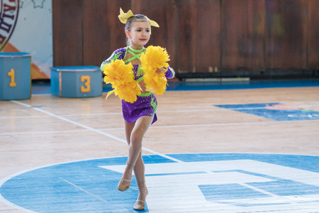 Kamenskoye, Ukraine - February 18, 2018: Championship KPSK Prometheus oncheerleading, young...