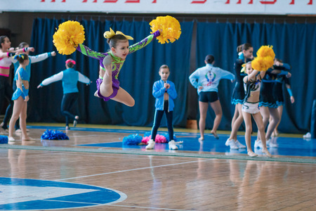 Kamenskoye, Ukraine - February 18, 2018: Championship KPSK Prometheus oncheerleading, young...