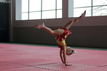 Kamianske, Ukraine - February 16, 2020: Cup of Dnipropetrovsk region from cheerleading among solo, duets and teams, young cheerleaders perform at the city cheerleading championshipのeditorial素材