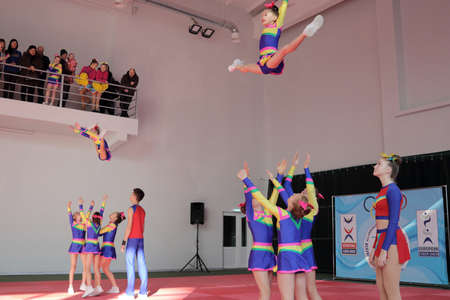 Kamianske, Ukraine - February 16, 2020: Cup of Dnipropetrovsk region from cheerleading among solo,...