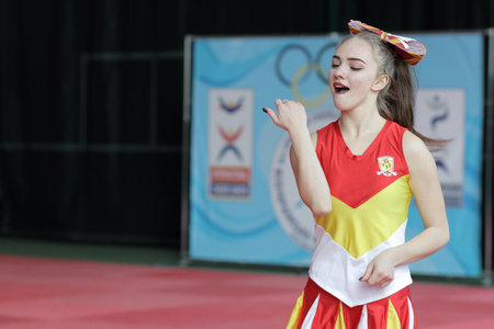 Kamianske, Ukraine - February 16, 2020: Cup of Dnipropetrovsk region from cheerleading among solo,...
