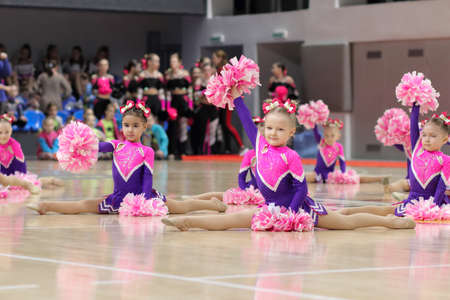Kamianske, Ukraine - February 16, 2020: Cup of Dnipropetrovsk region from cheerleading among solo, duets and teams, young cheerleaders perform at the city cheerleading championshipのeditorial素材