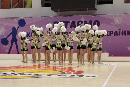 Kamianske, Ukraine - February 16, 2020: Cup of Dnipropetrovsk region from cheerleading among solo, duets and teams, young cheerleaders perform at the city cheerleading championshipのeditorial素材