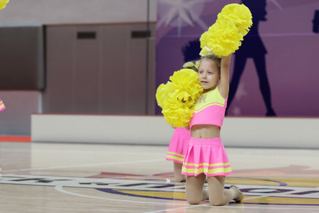 Kamianske, Ukraine - February 16, 2020: Cup of Dnipropetrovsk region from cheerleading among solo, duets and teams, young cheerleaders perform at the city cheerleading championshipのeditorial素材