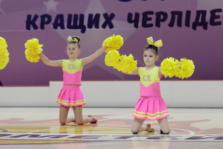Kamianske, Ukraine - February 16, 2020: Cup of Dnipropetrovsk region from cheerleading among solo, duets and teams, young cheerleaders perform at the city cheerleading championshipのeditorial素材