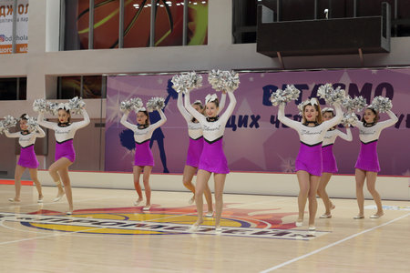 Kamianske, Ukraine - February 16, 2020: Cup of Dnipropetrovsk region from cheerleading among solo, duets and teams, young cheerleaders perform at the city cheerleading championshipのeditorial素材