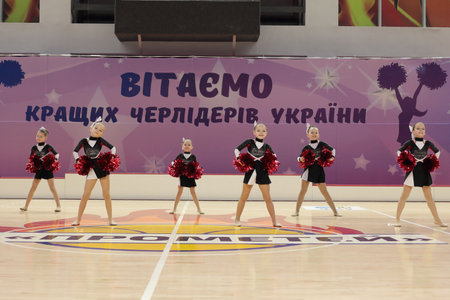 Kamianske, Ukraine - February 16, 2020: Cup of Dnipropetrovsk region from cheerleading among solo, duets and teams, young cheerleaders perform at the city cheerleading championshipのeditorial素材