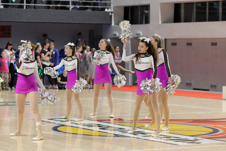 Kamianske, Ukraine - February 16, 2020: Cup of Dnipropetrovsk region from cheerleading among solo, duets and teams, young cheerleaders perform at the city cheerleading championshipのeditorial素材