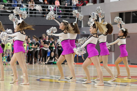 Kamianske, Ukraine - February 16, 2020: Cup of Dnipropetrovsk region from cheerleading among solo, duets and teams, young cheerleaders perform at the city cheerleading championshipのeditorial素材