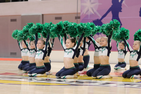Kamianske, Ukraine - February 16, 2020: Cup of Dnipropetrovsk region from cheerleading among solo, duets and teams, young cheerleaders perform at the city cheerleading championshipのeditorial素材