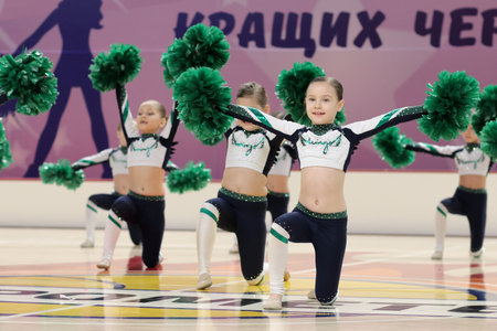 Kamianske, Ukraine - February 16, 2020: Cup of Dnipropetrovsk region from cheerleading among solo, duets and teams, young cheerleaders perform at the city cheerleading championshipのeditorial素材