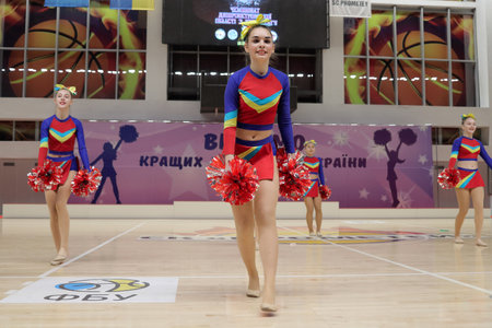 Kamianske, Ukraine - February 16, 2020: Cup of Dnipropetrovsk region from cheerleading among solo, duets and teams, young cheerleaders perform at the city cheerleading championshipのeditorial素材