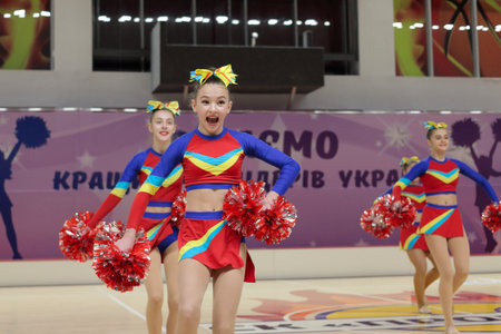 Kamianske, Ukraine - February 16, 2020: Cup of Dnipropetrovsk region from cheerleading among solo, duets and teams, young cheerleaders perform at the city cheerleading championshipのeditorial素材