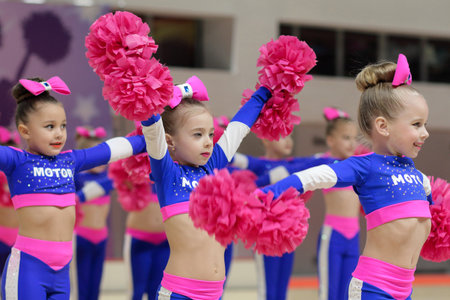 Kamianske, Ukraine - February 16, 2020: Cup of Dnipropetrovsk region from cheerleading among solo, duets and teams, young cheerleaders perform at the city cheerleading championshipのeditorial素材