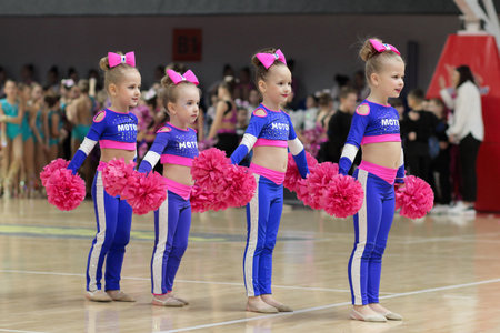 Kamianske, Ukraine - February 16, 2020: Cup of Dnipropetrovsk region from cheerleading among solo, duets and teams, young cheerleaders perform at the city cheerleading championshipのeditorial素材