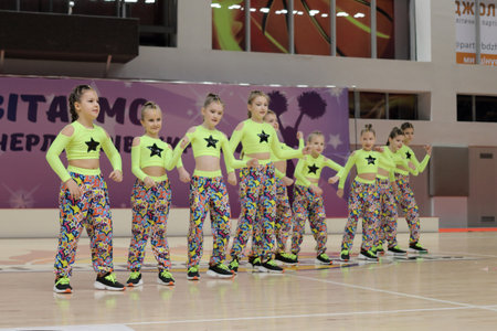 Kamianske, Ukraine - February 16, 2020: Cup of Dnipropetrovsk region from cheerleading among solo, duets and teams, young cheerleaders perform at the city cheerleading championshipのeditorial素材