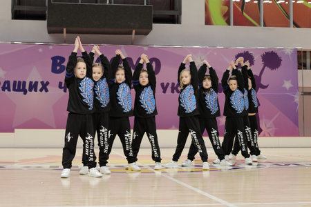 Kamianske, Ukraine - February 16, 2020: Cup of Dnipropetrovsk region from cheerleading among solo, duets and teams, young cheerleaders perform at the city cheerleading championshipのeditorial素材