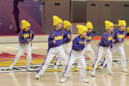 Kamianske, Ukraine - February 16, 2020: Cup of Dnipropetrovsk region from cheerleading among solo, duets and teams, young cheerleaders perform at the city cheerleading championshipのeditorial素材
