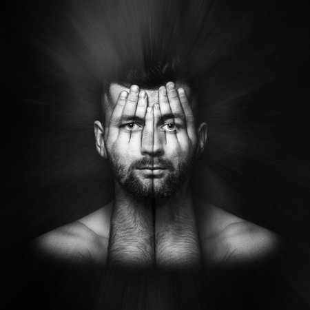 psychological portrait of a person, double exposure, face shines through hands, surreal portrait of...