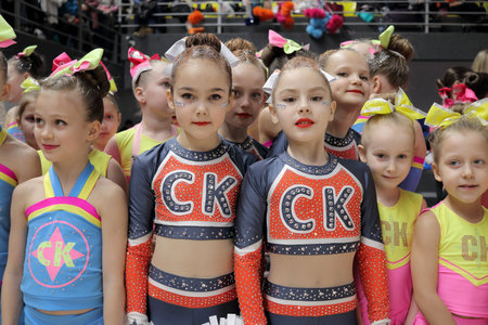 Kamianske, Ukraine - February 16, 2020: cheerleading teams lined up before the awards ceremony, cup...