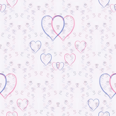 light blue, violet and pink hearts on white background in tileable ornamental symetric pattern