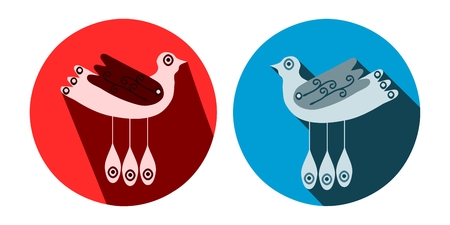 Decorative stylized birds with long shadow in blue and red circleのイラスト素材