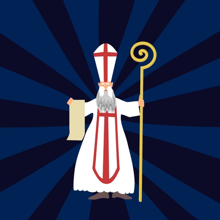 Saint Nicholas with a long beard in traditional white clothing with a red cross miter a crosier. のイラスト素材