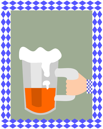Octoberfest - bavarian traditional festival - vertically banner with glass of beer in frame with blue white rhombus patternのイラスト素材