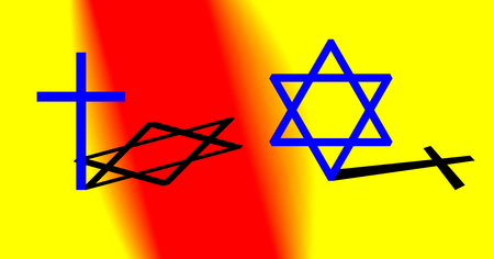 Interconnection between Christianity and Judaism concept. Big cross and big hexagram with different shadow. Colorful seamless background.の写真素材