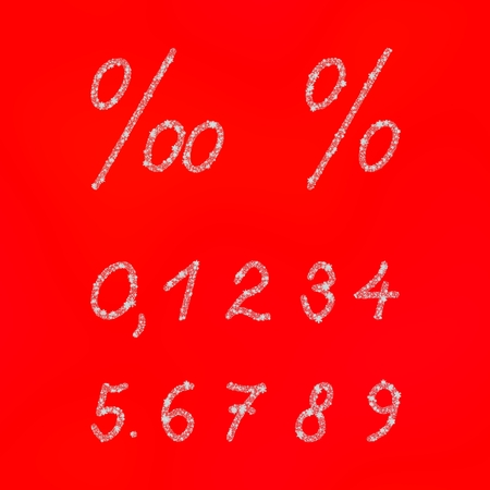 White numbers and signs composed of hoarfrost, snowflakes or stars on red backgroundの写真素材
