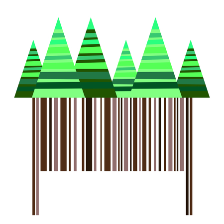 Stylized striped coniferous trees over brown barcode making trunks - simple vector illustrationのイラスト素材