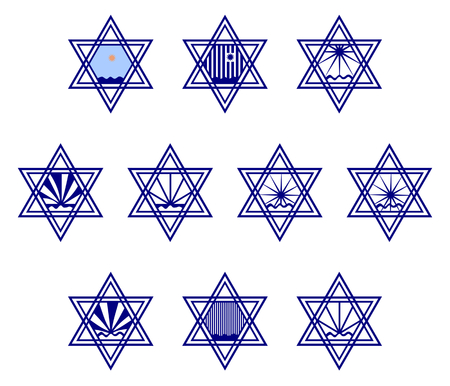 Character set containing symbols hexagram on the surface of the water and the sun or the rain - blue and white and color - a reference to the West Bank. Graphic design for labeling goods.のイラスト素材