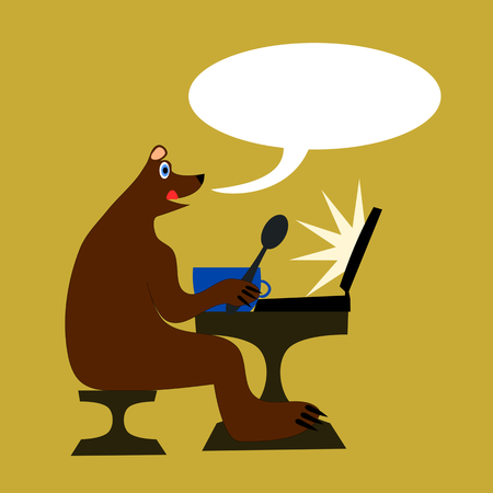 Happy brown bear sitting on a chair at the table and licks it. Ahead of him is a blue bowl and a spoon in the paw. Before him is a laptop with a glowing screen. At the mouth of a communication bubble.のイラスト素材