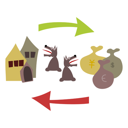 Buying and selling real estate. Houses, including kennel, green arrow, bags with dollars, yens and euros, a red arrow pointing to the left. On both looks terrified dog.のイラスト素材