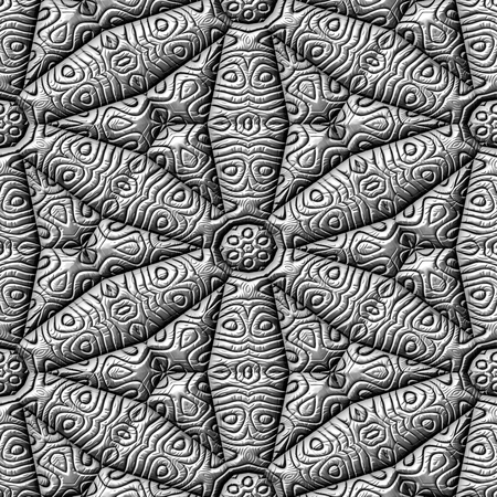 Silver gray black white metal surface tile seamless decorative floral fractal filigree patternの写真素材